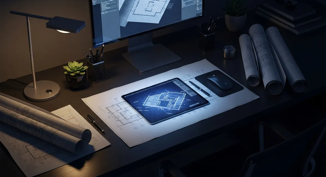 High-end architectural office desk at night with blueprints and glowing screens