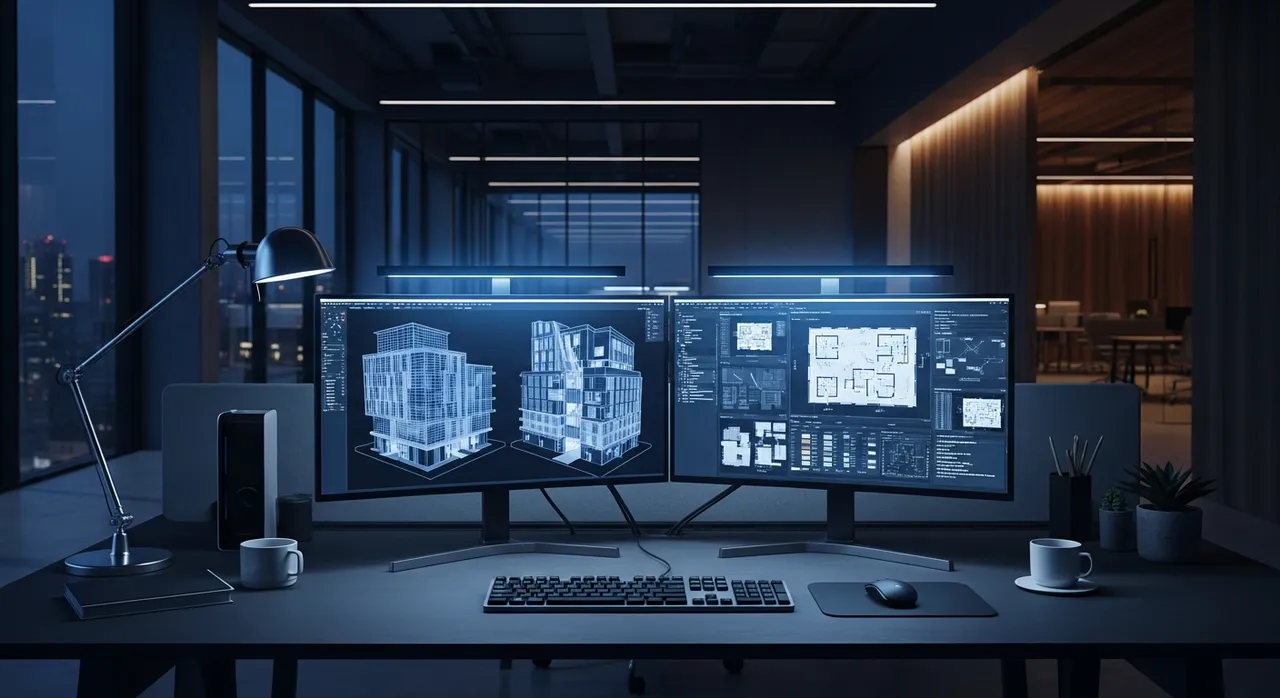 Modern architecture workspace at night with dual monitors displaying wireframe 3D building models