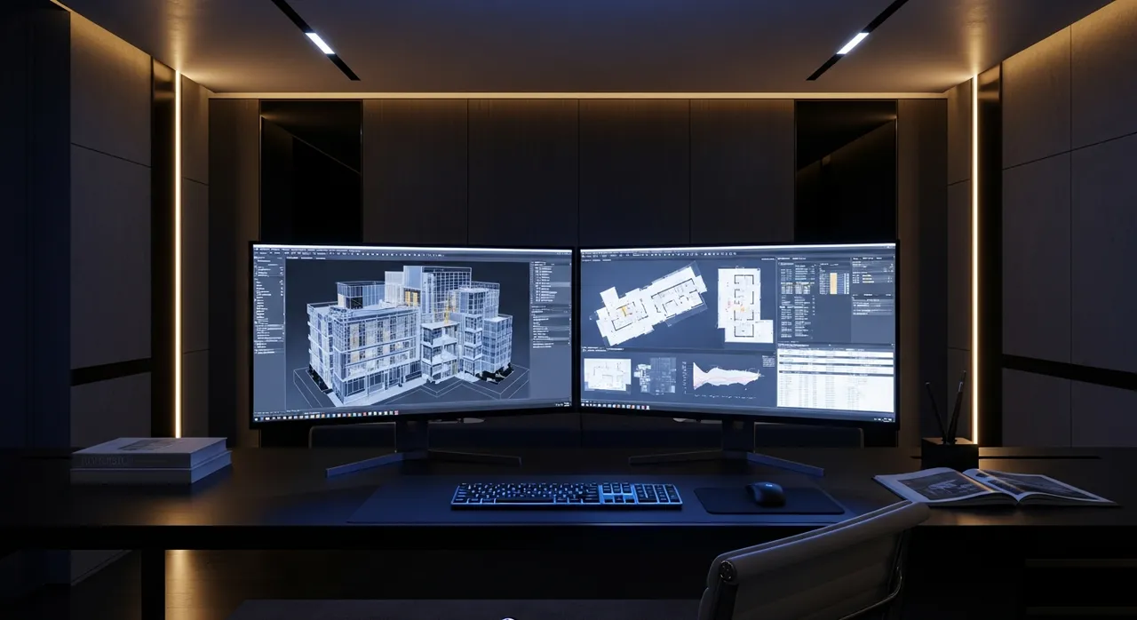 Modern architectural workspace with dual monitors displaying 3D models and BIM data